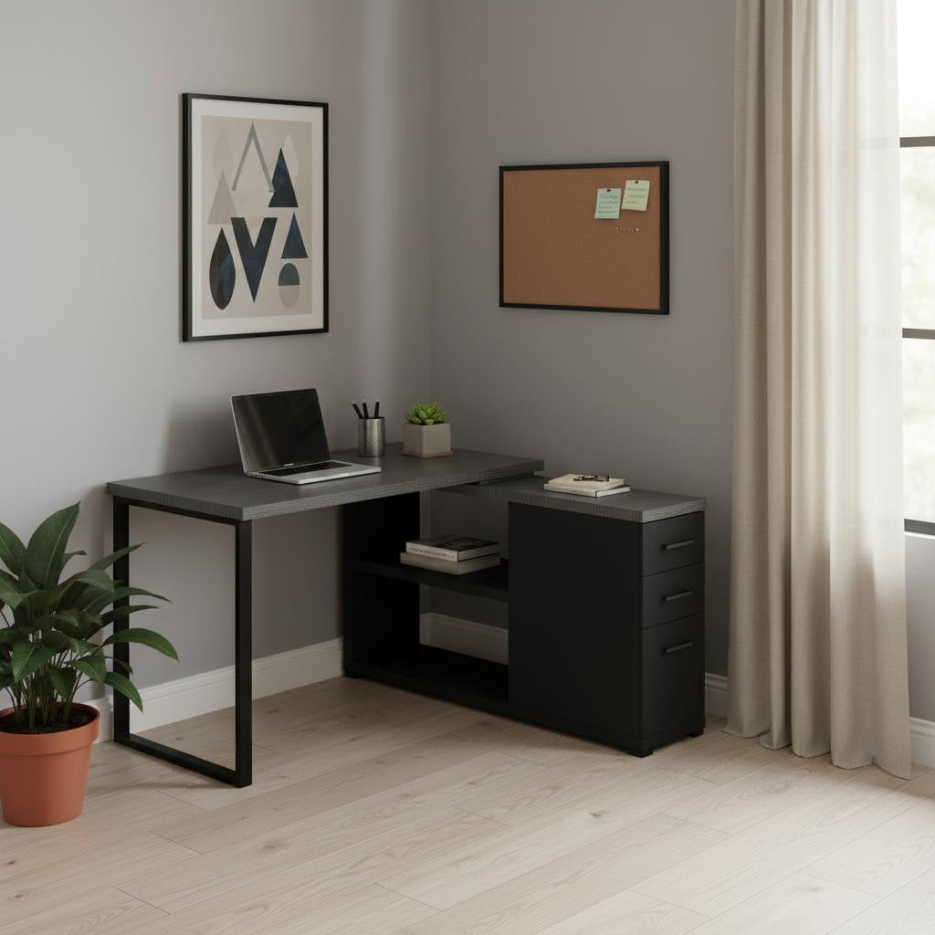 47" White and Silver L Shape Computer Desk With Three Drawers-Desks-DECOROLALA