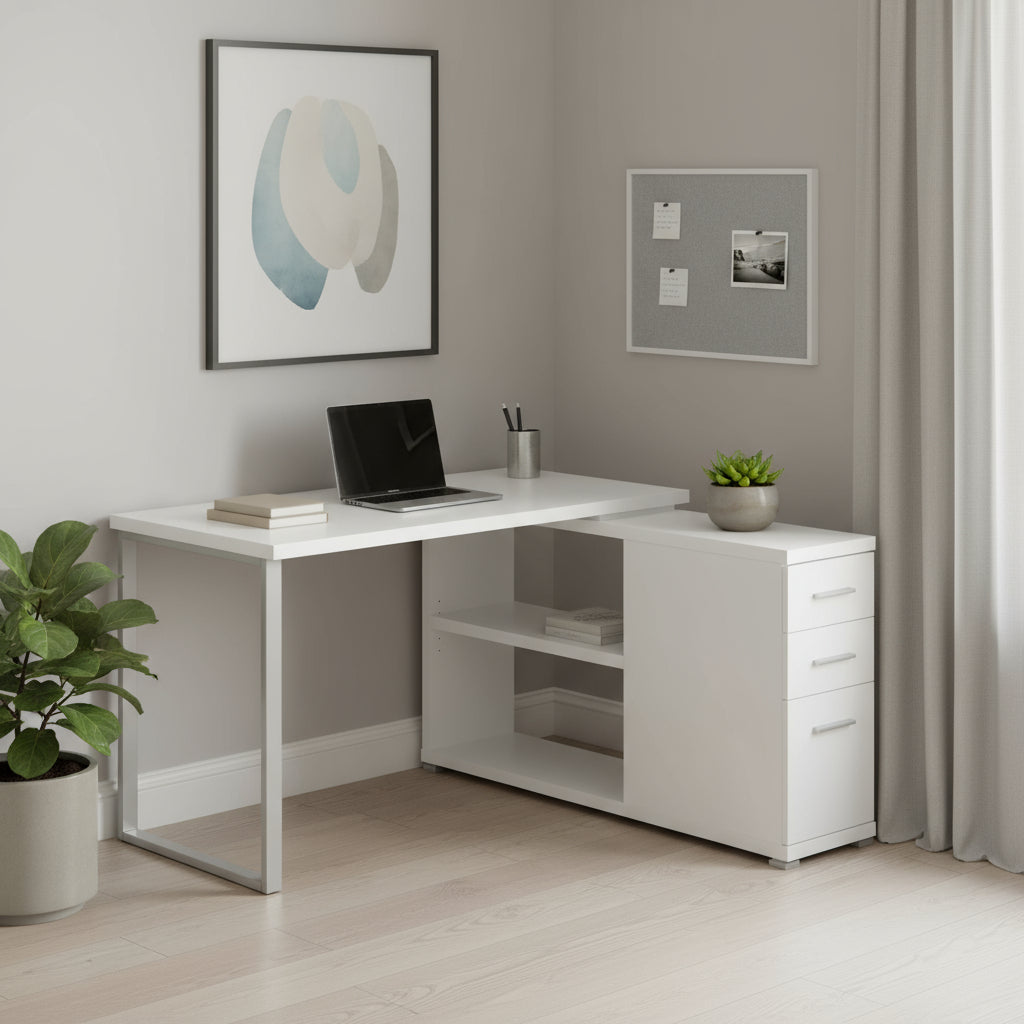 47" White and Silver L Shape Computer Desk With Three Drawers-Desks-DECOROLALA