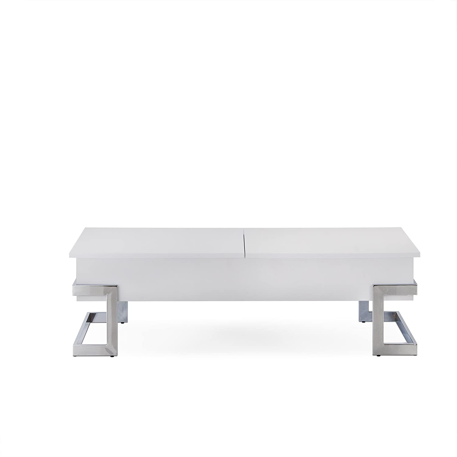 47" White and Silver Wood And Metal Lift Top Sled Coffee Table-Coffee Tables-DECOROLALA
