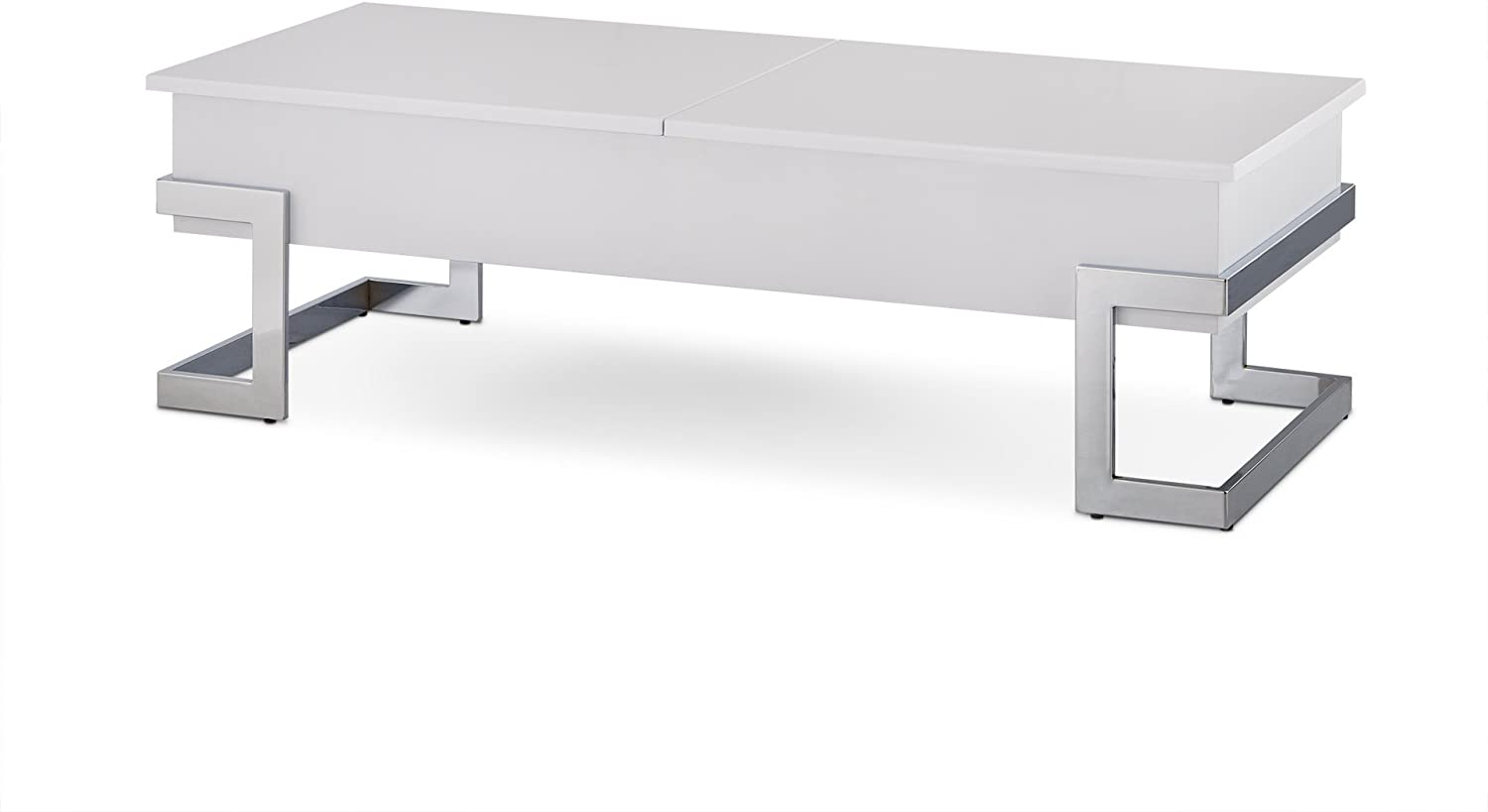 47" White and Silver Wood And Metal Lift Top Sled Coffee Table-Coffee Tables-DECOROLALA