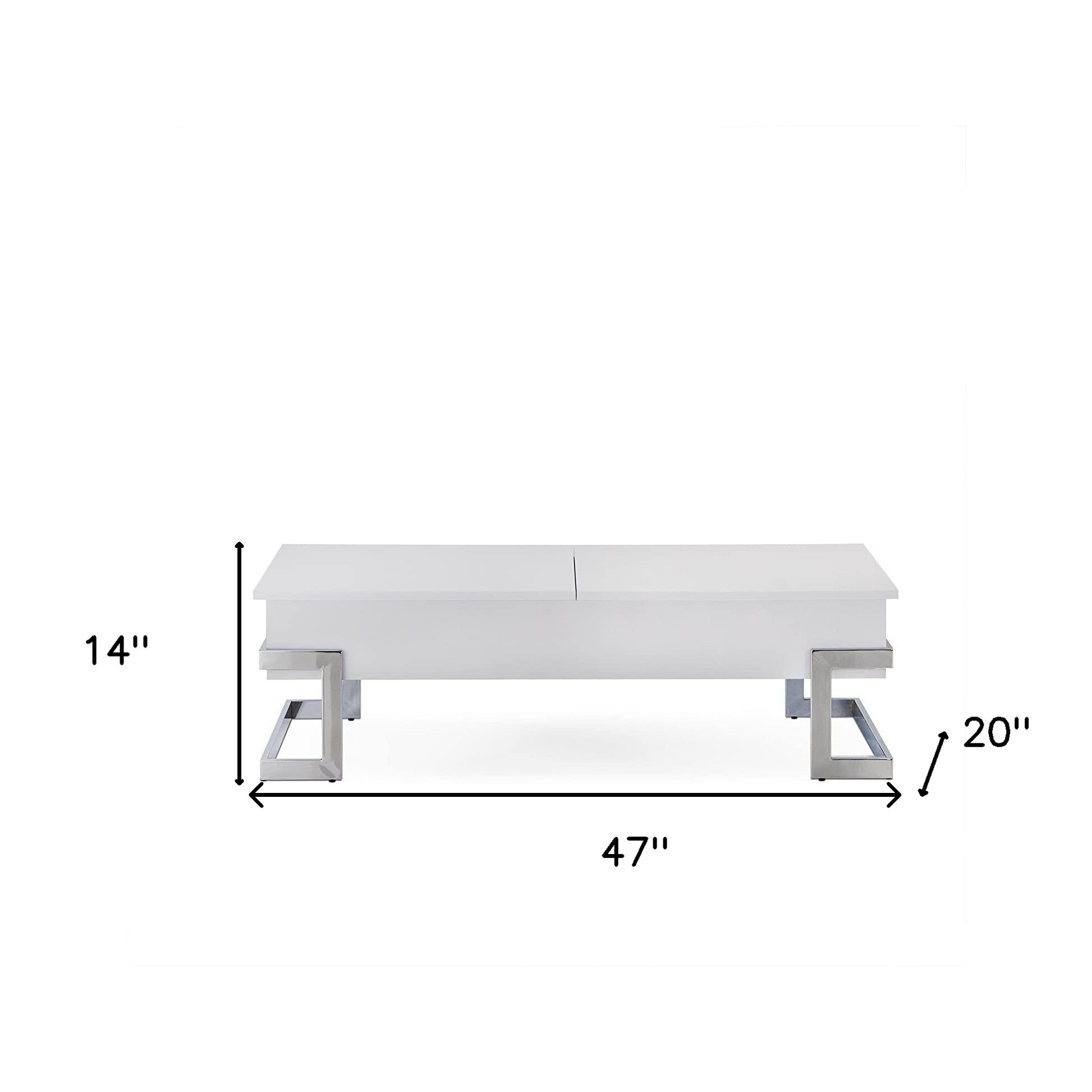 47" White and Silver Wood And Metal Lift Top Sled Coffee Table-Coffee Tables-DECOROLALA