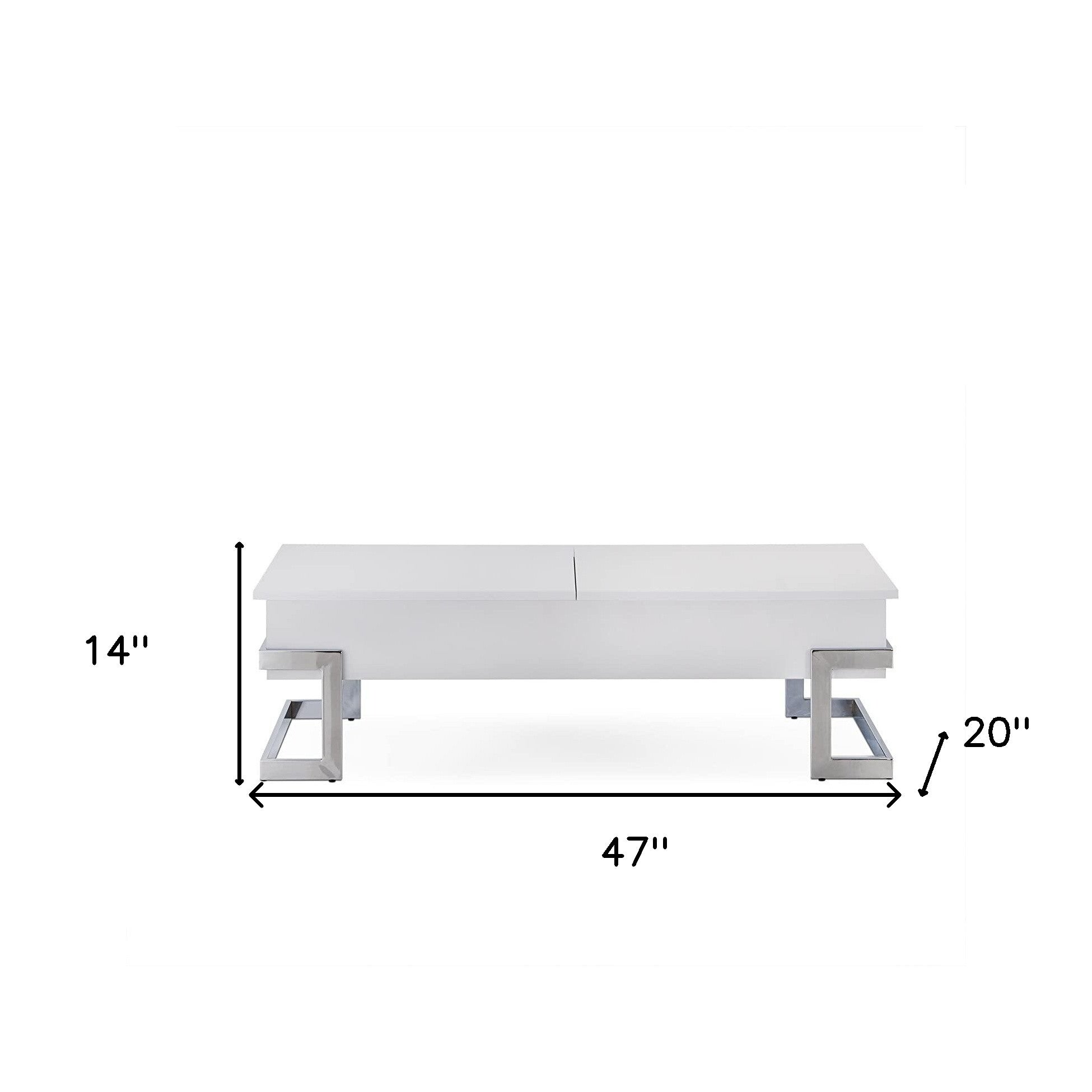 47" White and Silver Wood And Metal Lift Top Sled Coffee Table-Coffee Tables-DECOROLALA