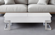 47" White and Silver Wood And Metal Lift Top Sled Coffee Table-Coffee Tables-DECOROLALA