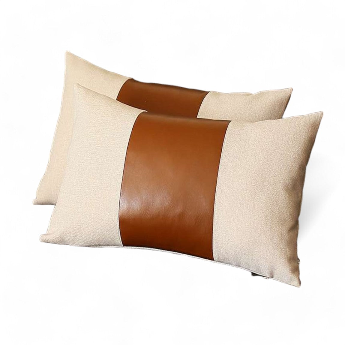 Set of Two 12" X 20" Ivory and Brown Color Block Fabric and Faux Leather Lumbar Throw Pillows-1