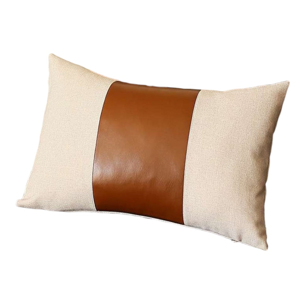 Set of Two 12" X 20" Ivory and Brown Color Block Fabric and Faux Leather Lumbar Throw Pillows-2