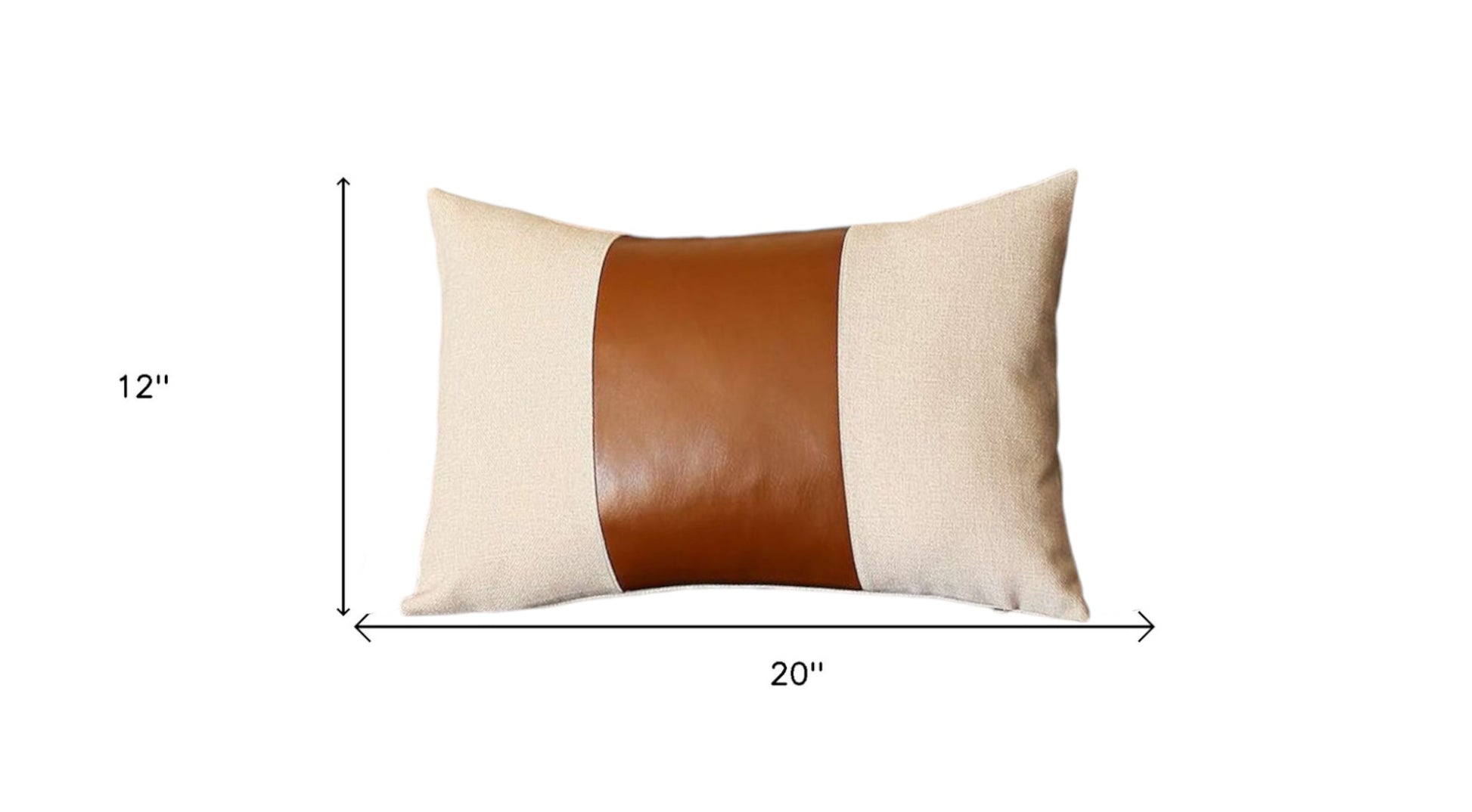Set of Two 12" X 20" Ivory and Brown Color Block Fabric and Faux Leather Lumbar Throw Pillows-3