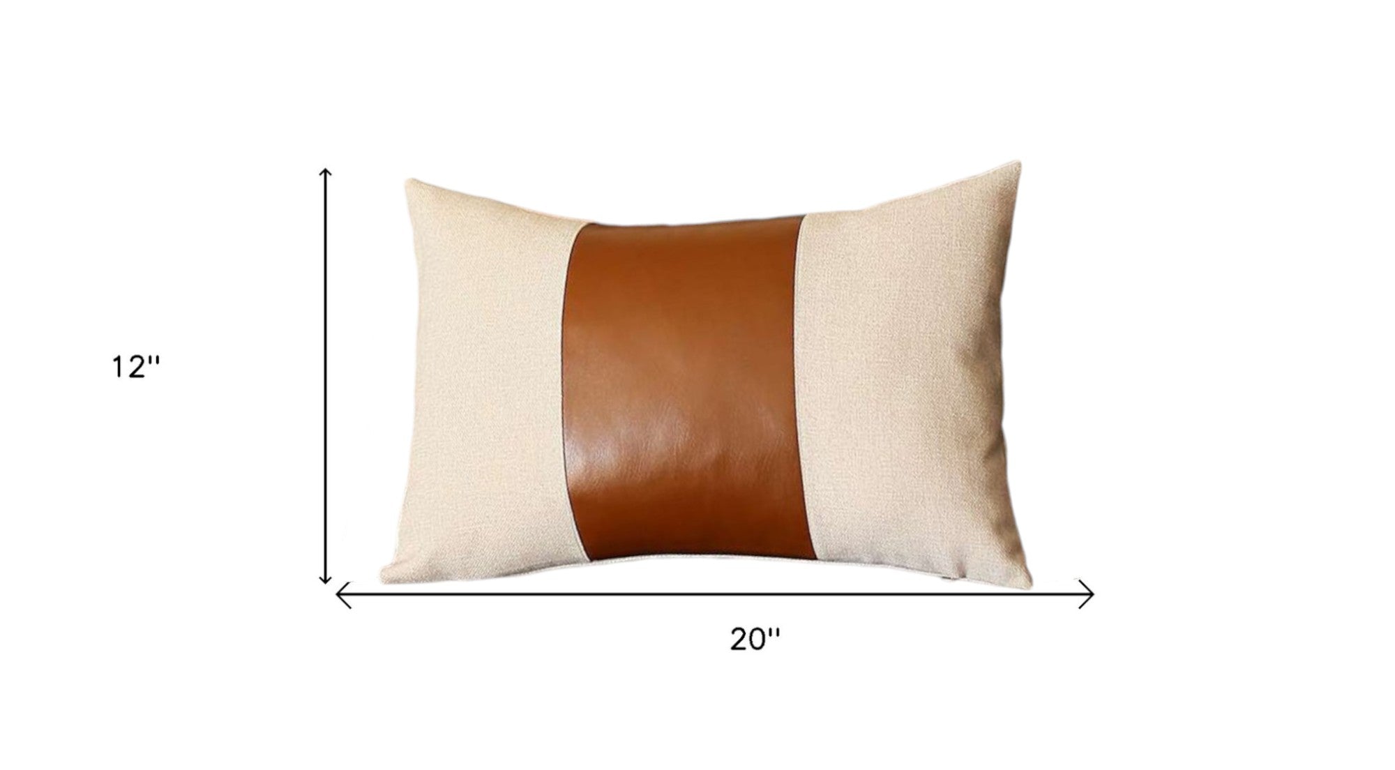 Set of Two 12" X 20" Ivory and Brown Color Block Fabric and Faux Leather Lumbar Throw Pillows-3