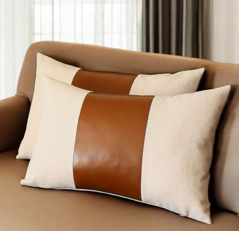 Set of Two 12" X 20" Ivory and Brown Color Block Fabric and Faux Leather Lumbar Throw Pillows-0