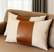 Set of Two 12" X 20" Ivory and Brown Color Block Fabric and Faux Leather Lumbar Throw Pillows-0