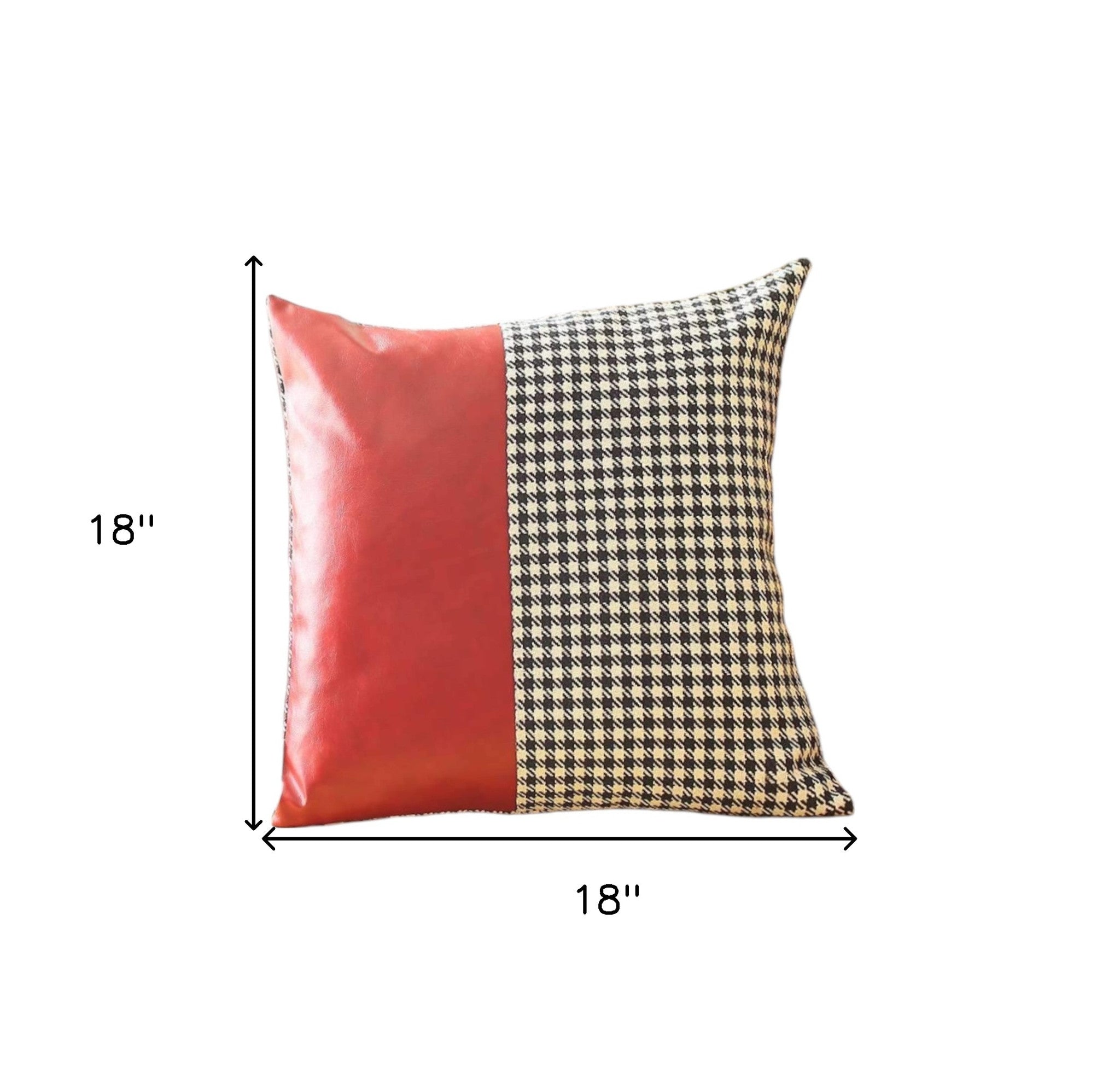 Set of Two 18" Red Black and White Houndstooth Fabric and Faux Leather Throw Pillows-Accent Throw Pillows-DECOROLALA