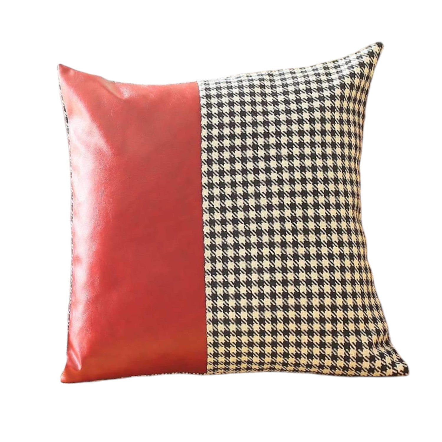 Set of Two 18" Red Black and White Houndstooth Fabric and Faux Leather Throw Pillows-Accent Throw Pillows-DECOROLALA