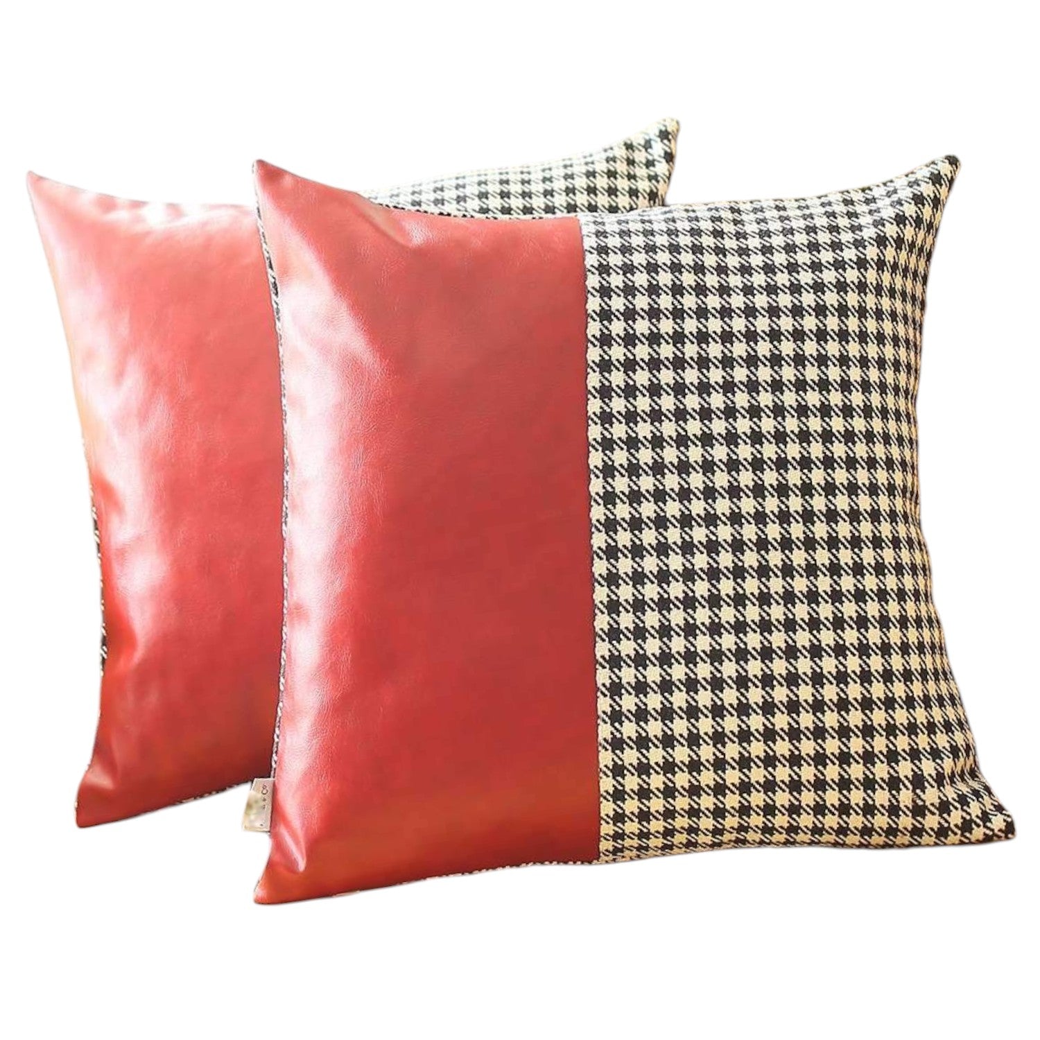 Set of Two 18" Red Black and White Houndstooth Fabric and Faux Leather Throw Pillows-Accent Throw Pillows-DECOROLALA