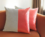 Set of Two 18" Red Black and White Houndstooth Fabric and Faux Leather Throw Pillows-Accent Throw Pillows-DECOROLALA