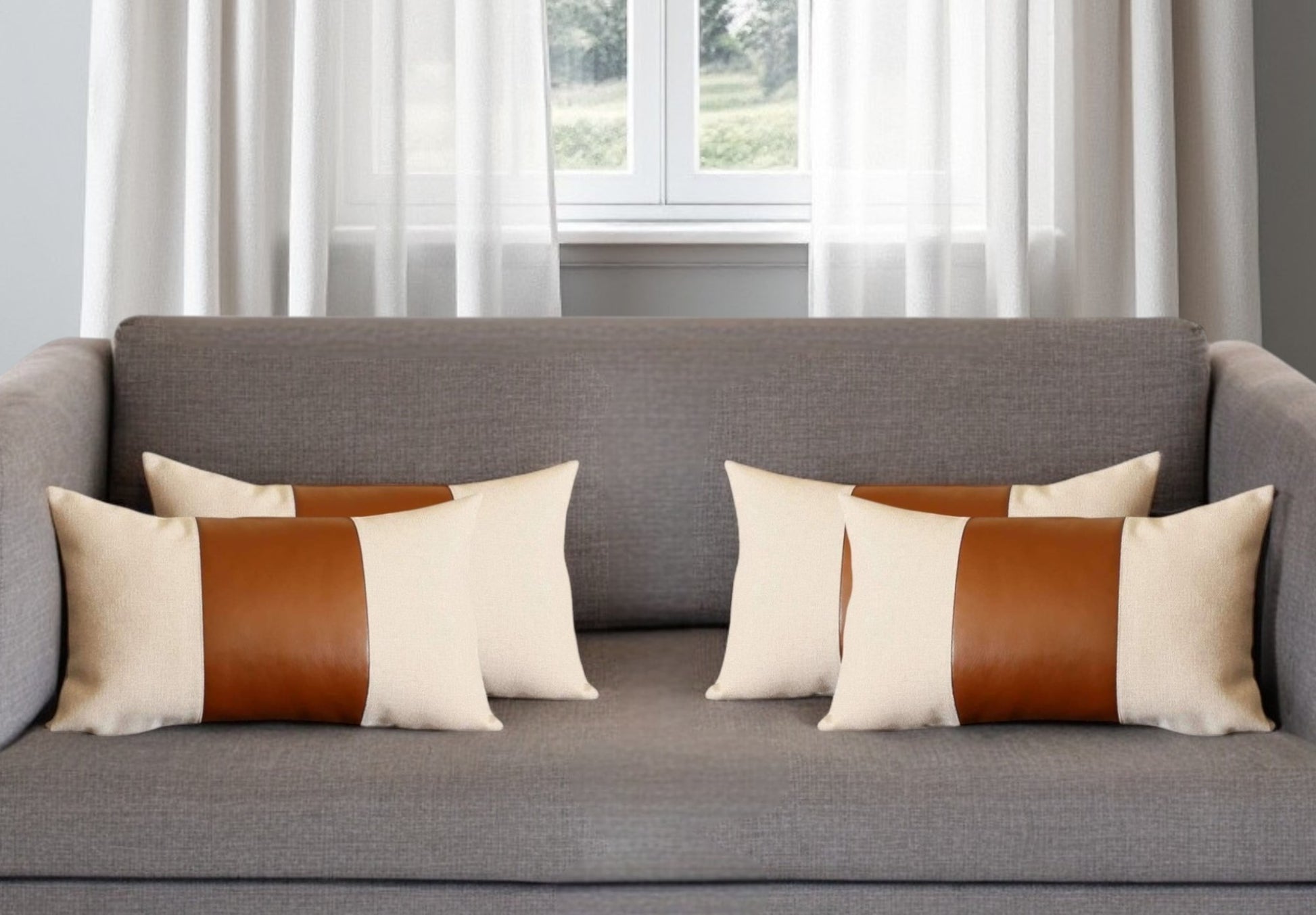 Set of Four 12" X 20" Ivory and Brown Color Block Fabric and Faux Leather Lumbar Throw Pillows-0