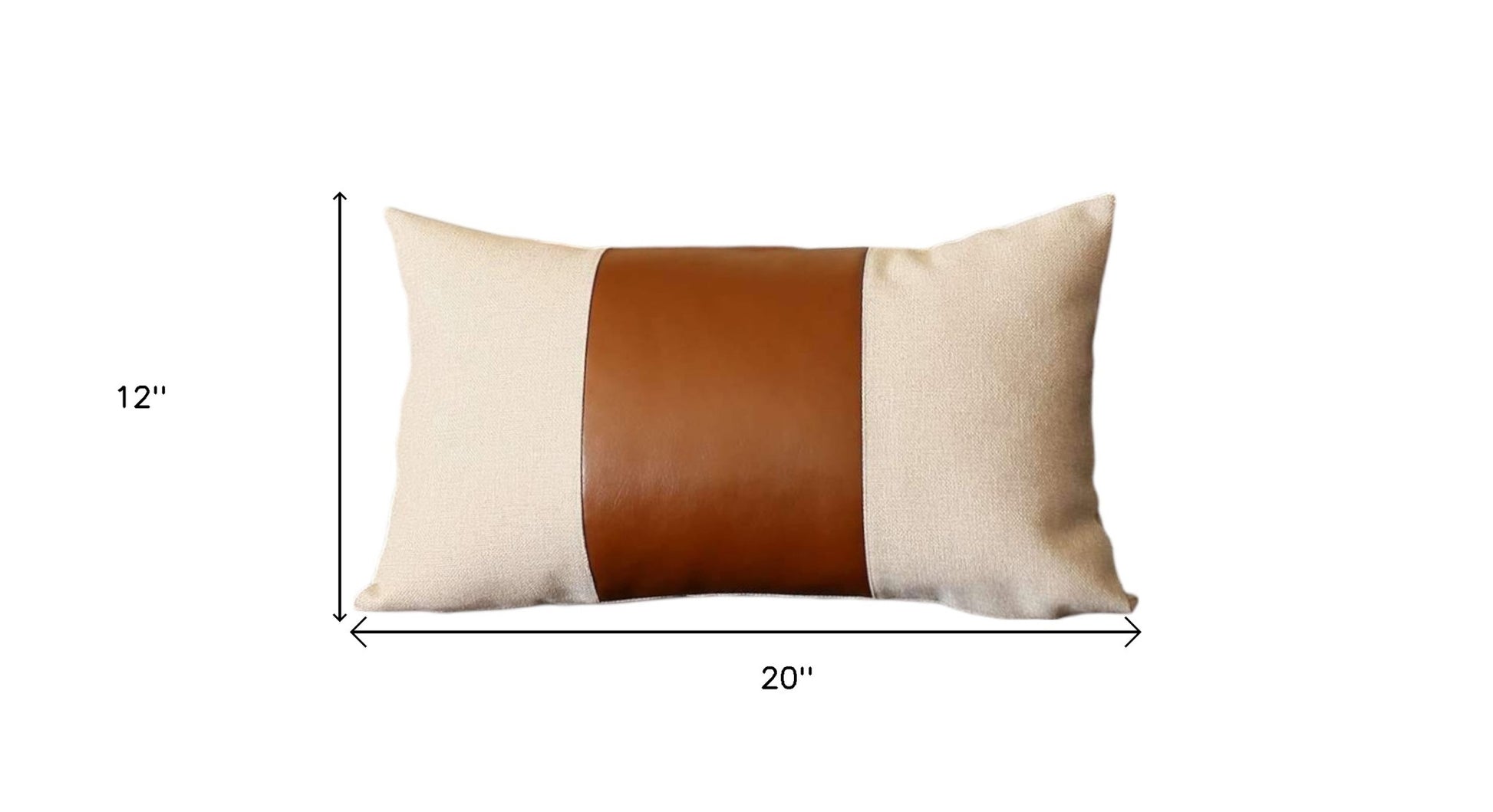 Set of Four 12" X 20" Ivory and Brown Color Block Fabric and Faux Leather Lumbar Throw Pillows-3