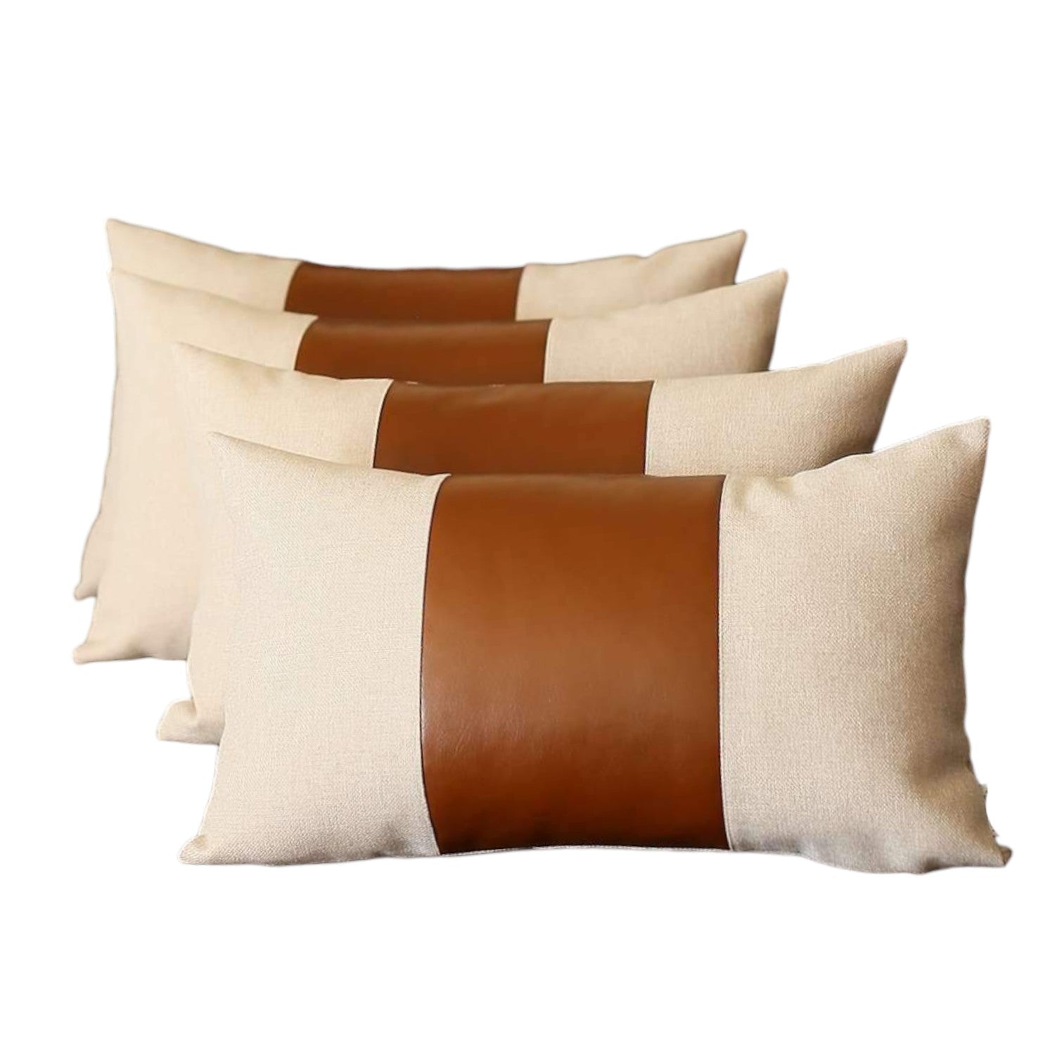 Set of Four 12" X 20" Ivory and Brown Color Block Fabric and Faux Leather Lumbar Throw Pillows-1