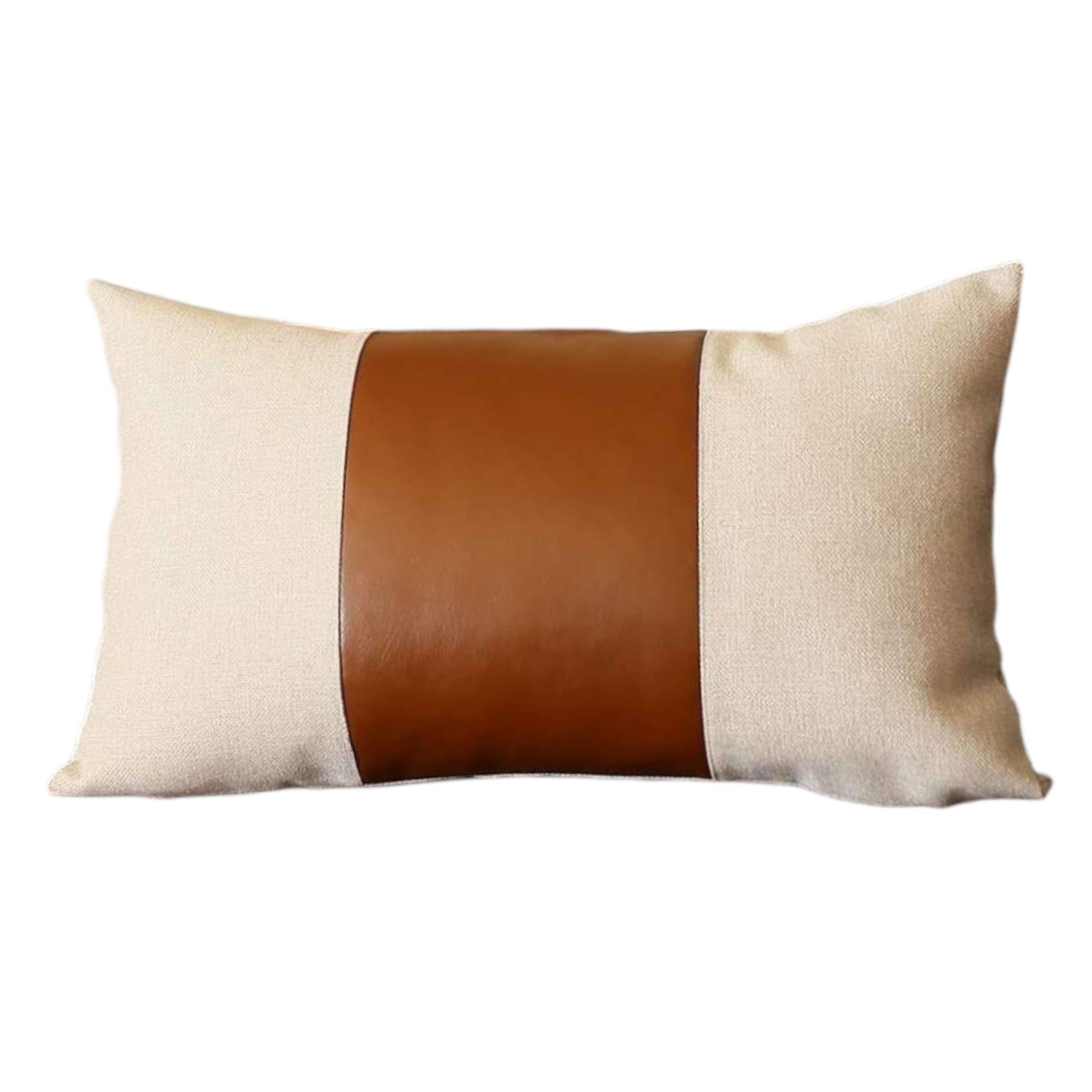 Set of Four 12" X 20" Ivory and Brown Color Block Fabric and Faux Leather Lumbar Throw Pillows-2