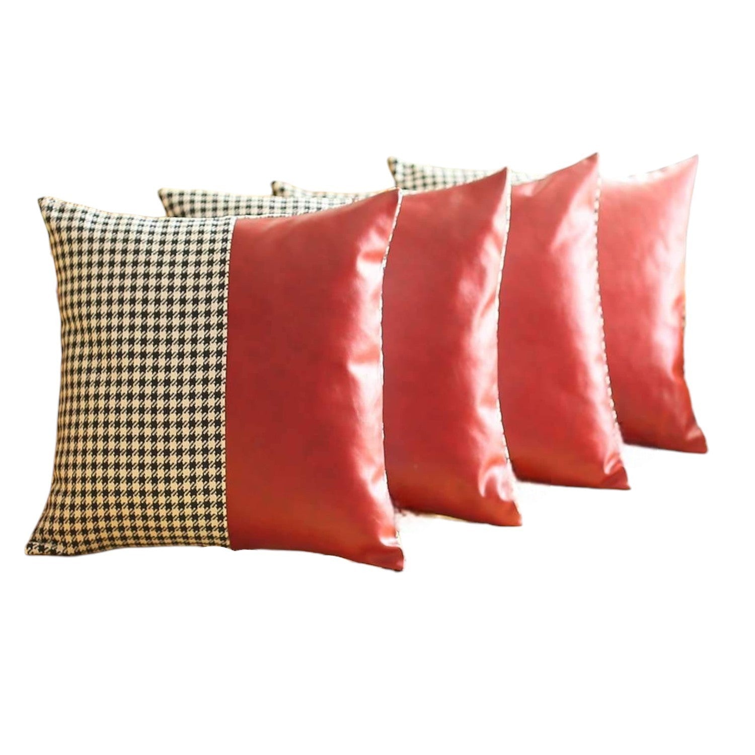 Set of Four 18" Red Black and White Houndstooth Fabric and Faux Leather Throw Pillows-Accent Throw Pillows-DECOROLALA
