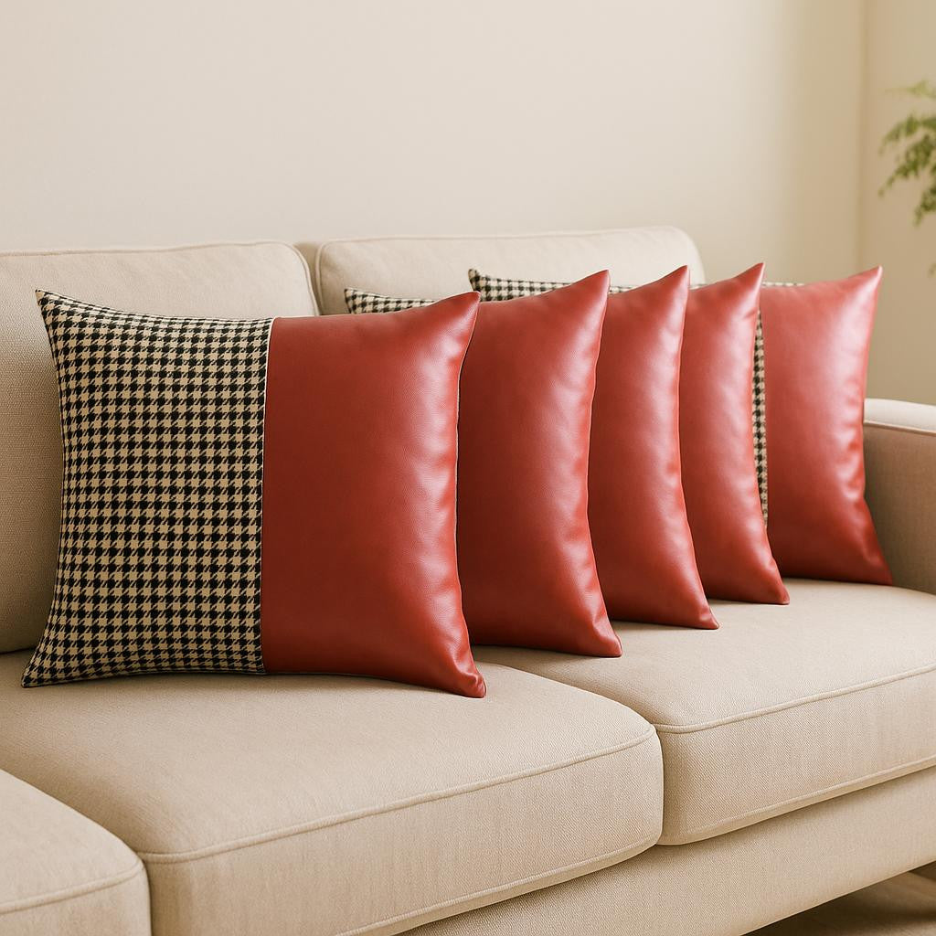 Set of Four 18" Red Black and White Houndstooth Fabric and Faux Leather Throw Pillows-Accent Throw Pillows-DECOROLALA
