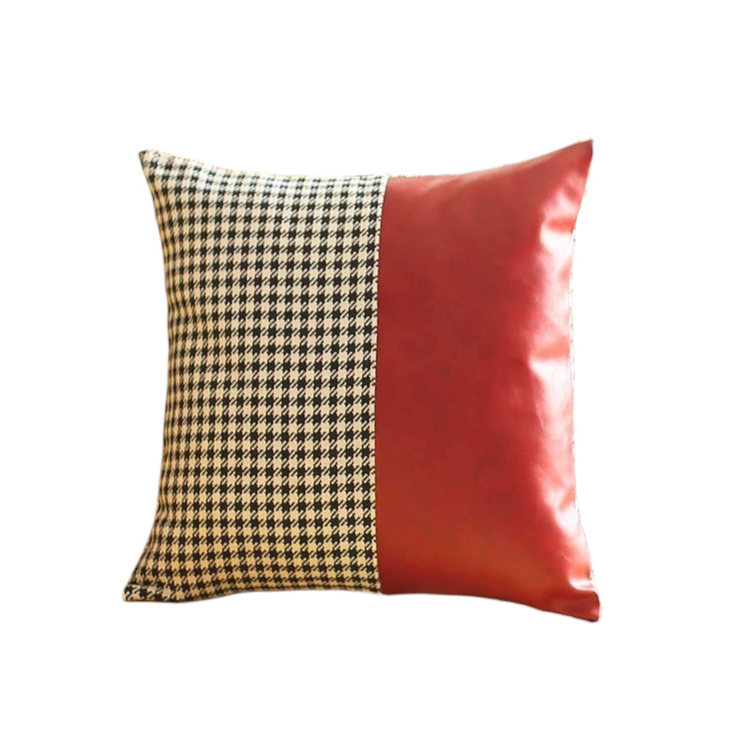 Set of Four 18" Red Black and White Houndstooth Fabric and Faux Leather Throw Pillows-Accent Throw Pillows-DECOROLALA