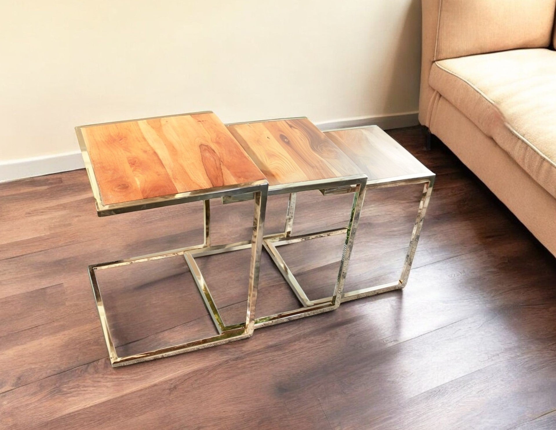 Set of Three Stylish Wood and Metal C Shaped Nesting End Tables-End-Side Tables-DECOROLALA