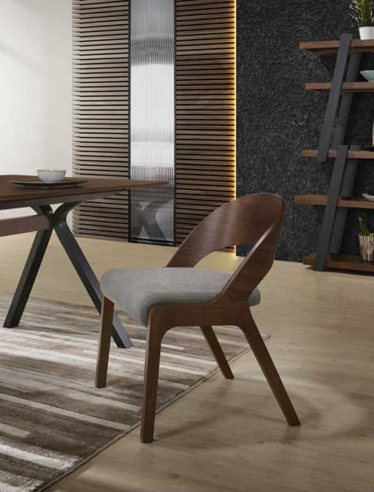 Set of Two Gray and Brown Upholstered Fabric Curved Back Dining Side Chairs-3