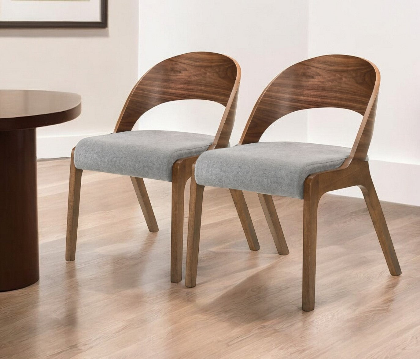 Set of Two Gray and Brown Upholstered Fabric Curved Back Dining Side Chairs-0