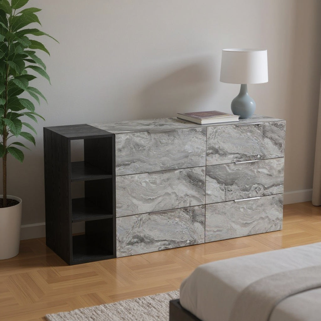 63" Grey Faux Marble and Black Wood Six Drawer Double Dresser-Dressers-DECOROLALA