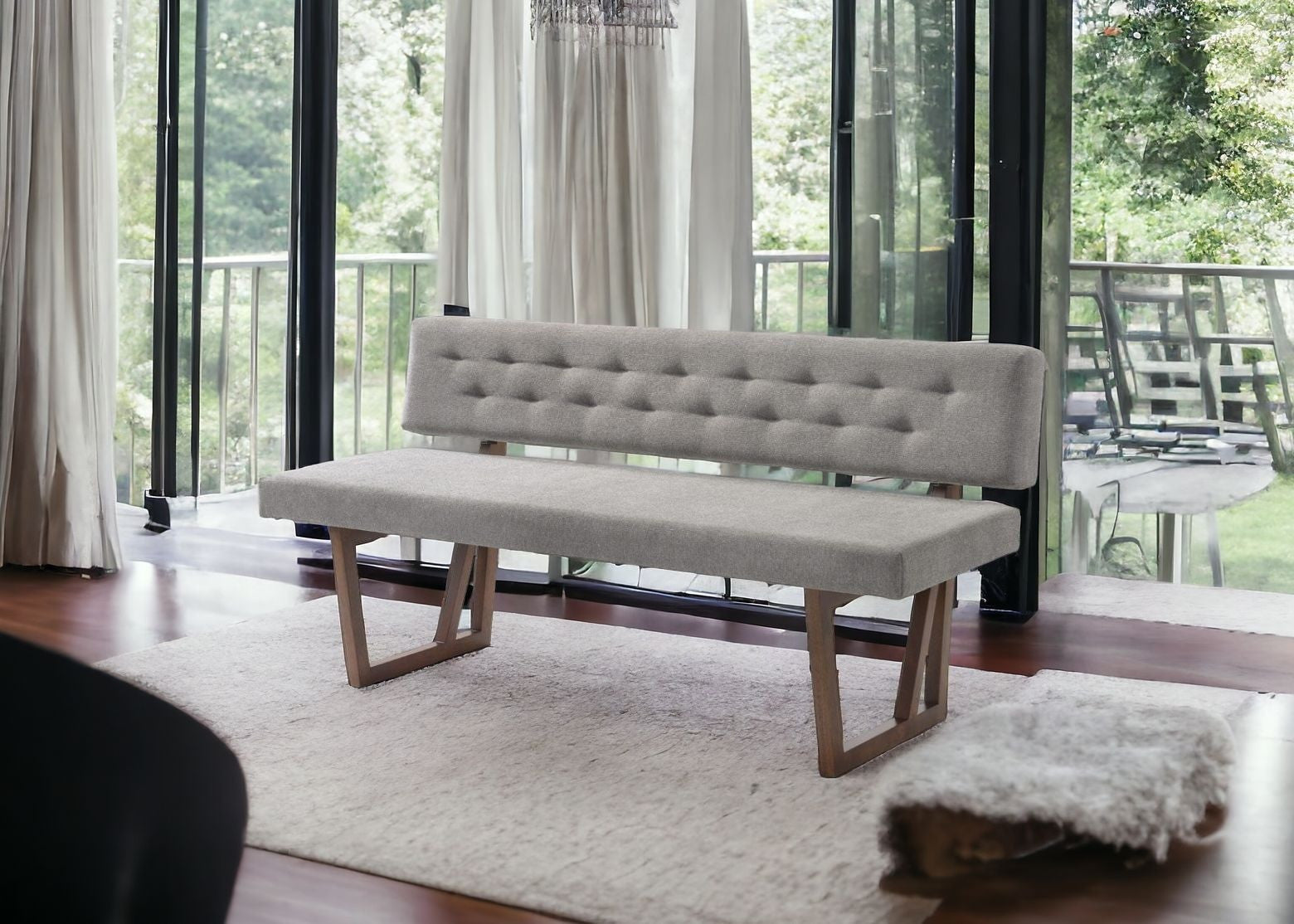 63" Gray and Brown Upholstered Linen Blend Dining Bench-Benches-DECOROLALA