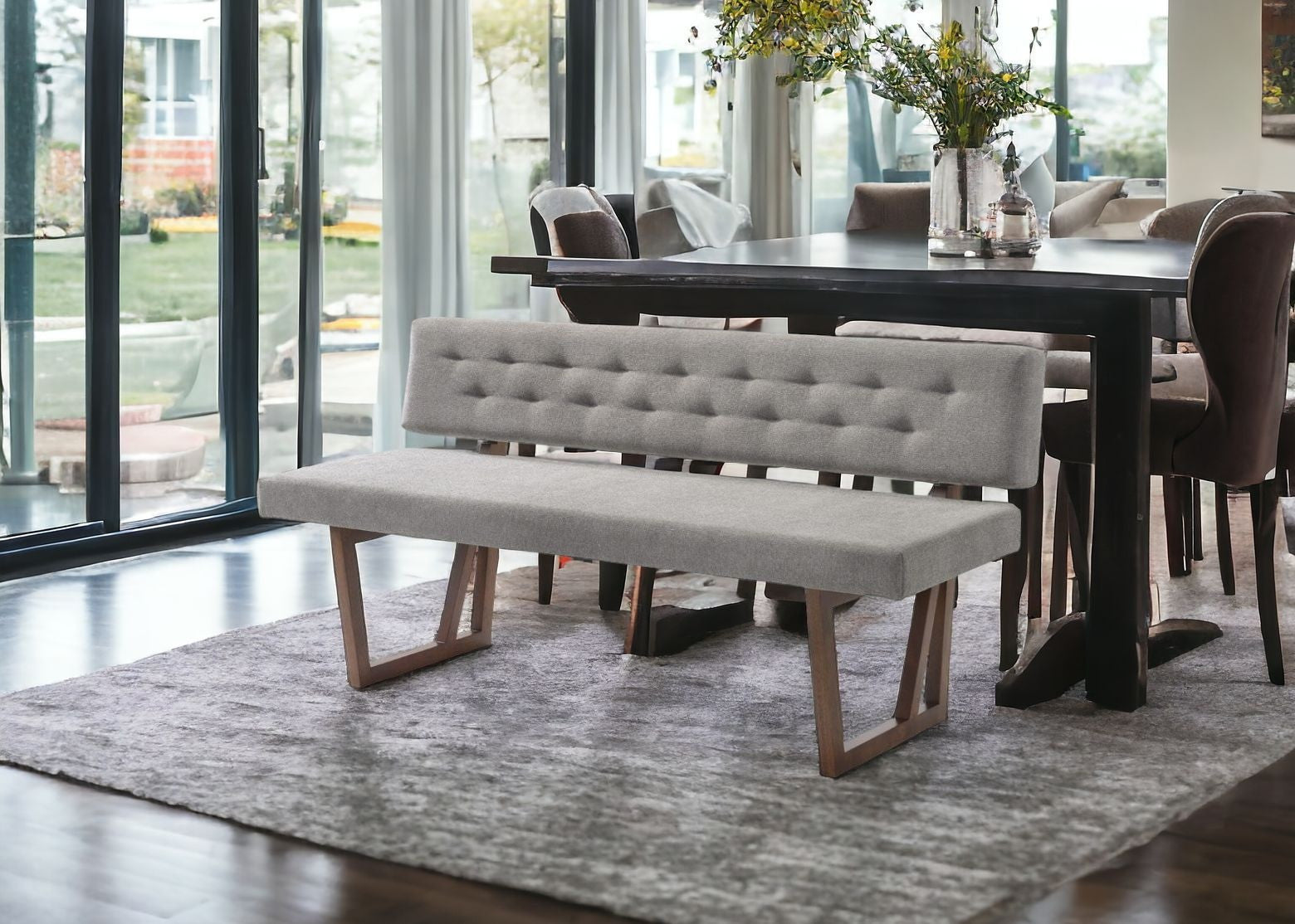 63" Gray and Brown Upholstered Linen Blend Dining Bench-Benches-DECOROLALA