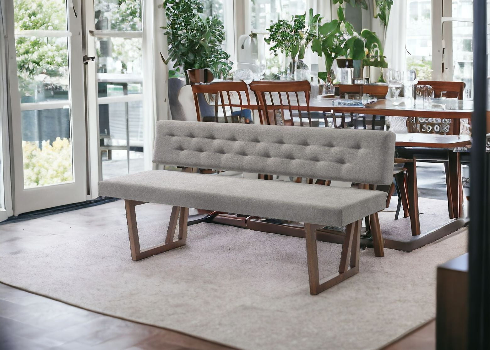 63" Gray and Brown Upholstered Linen Blend Dining Bench-Benches-DECOROLALA