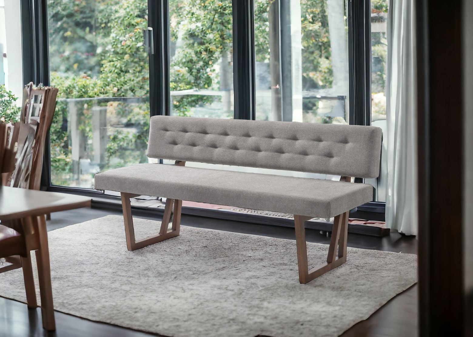 63" Gray and Brown Upholstered Linen Blend Dining Bench-Benches-DECOROLALA