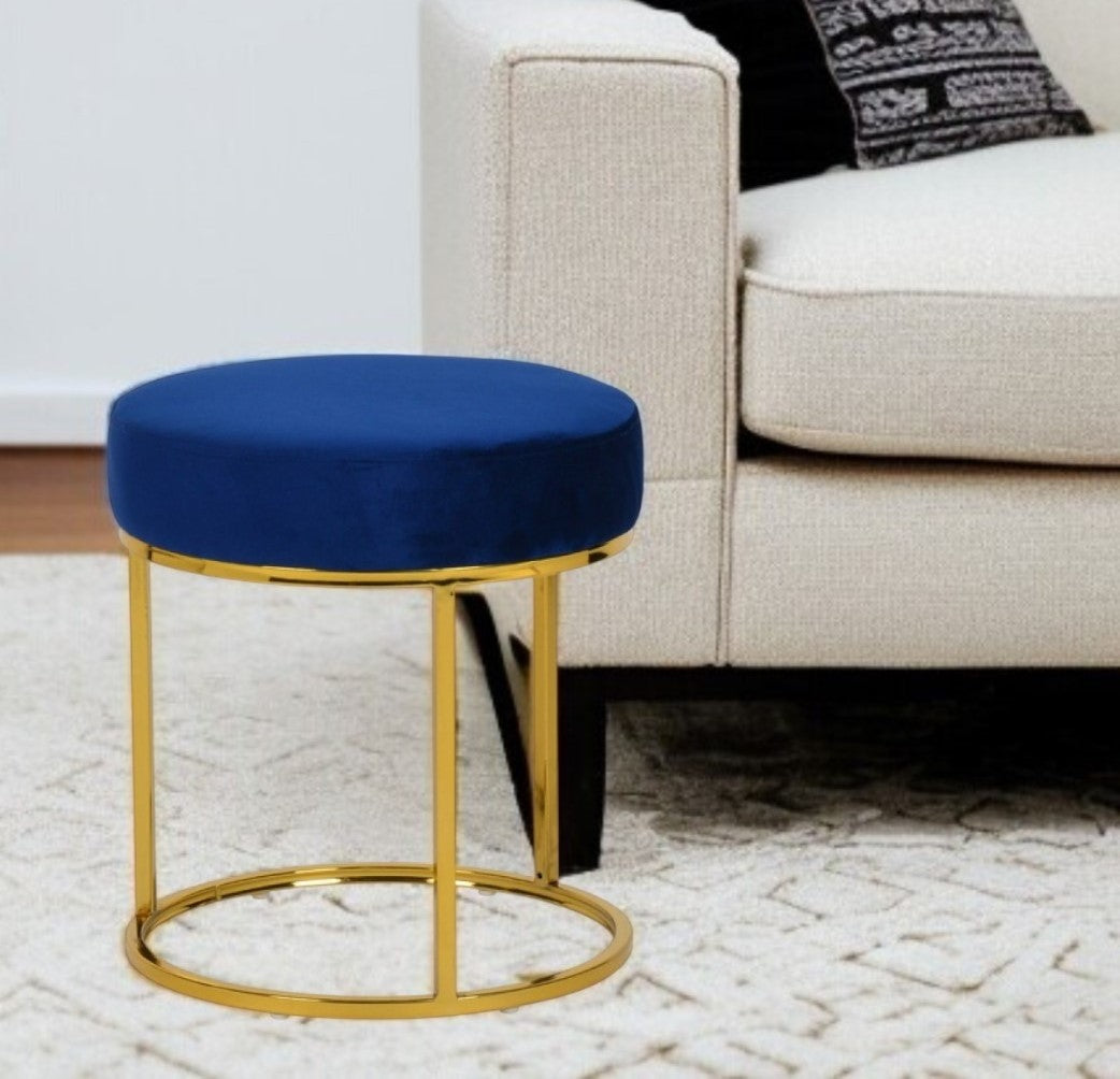 16" Blue Velvet And Gold Round Footstool Ottoman-Ottomans-DECOROLALA