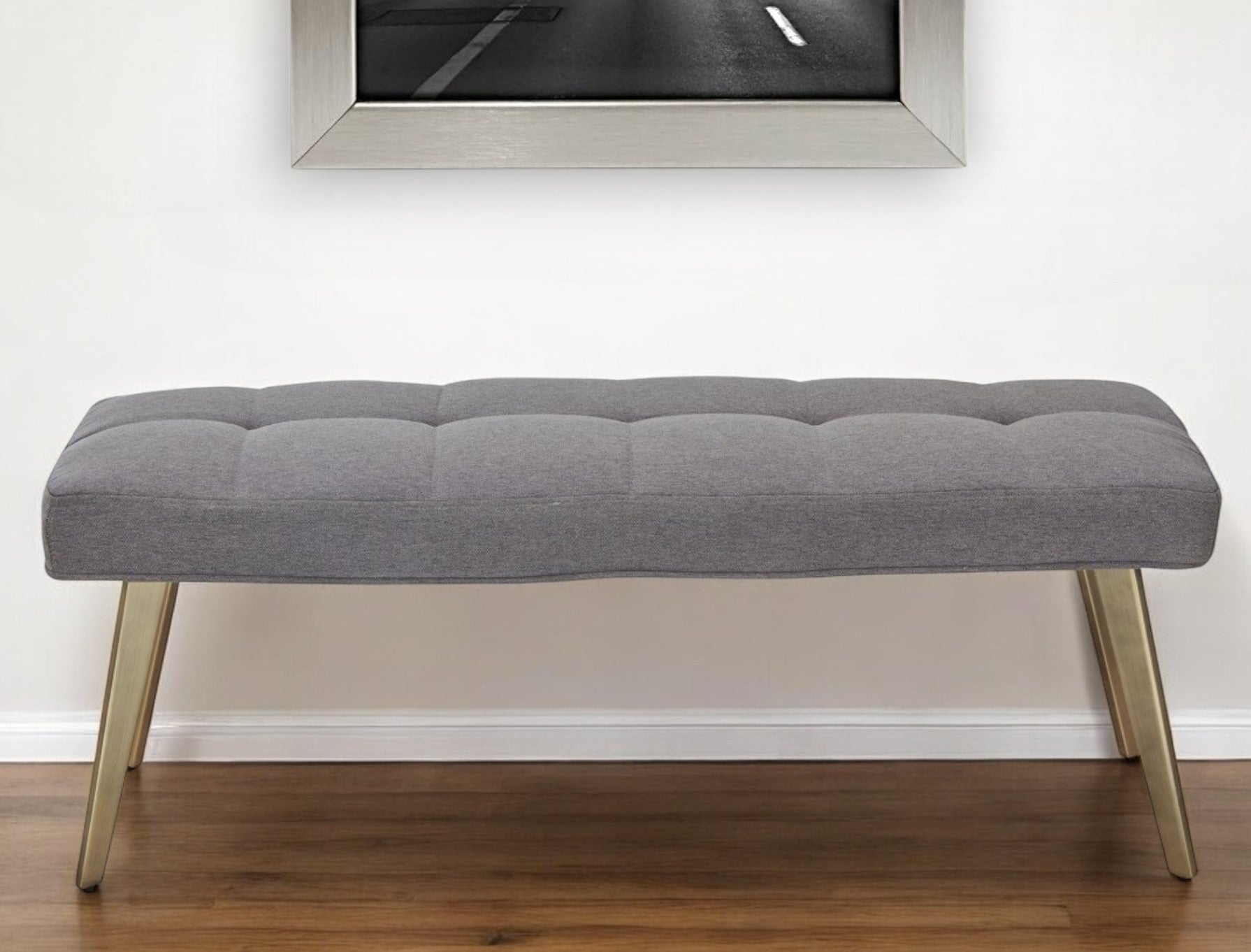 47" Gray and Antiqued Brass Tufted Linen Blend Upholstered Dining Bench-Benches-DECOROLALA