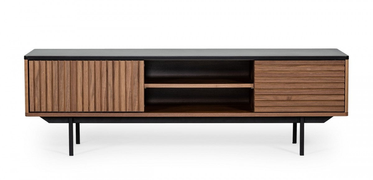 63" Walnut And Gray Wood Open And Enclosed Storage TV Stand-TV Stands-DECOROLALA