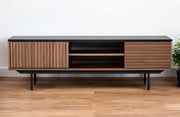 63" Walnut And Gray Wood Open And Enclosed Storage TV Stand-TV Stands-DECOROLALA