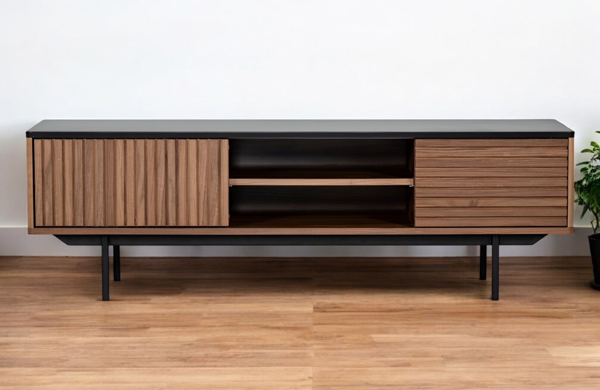 63" Walnut And Gray Wood Open And Enclosed Storage TV Stand-TV Stands-DECOROLALA