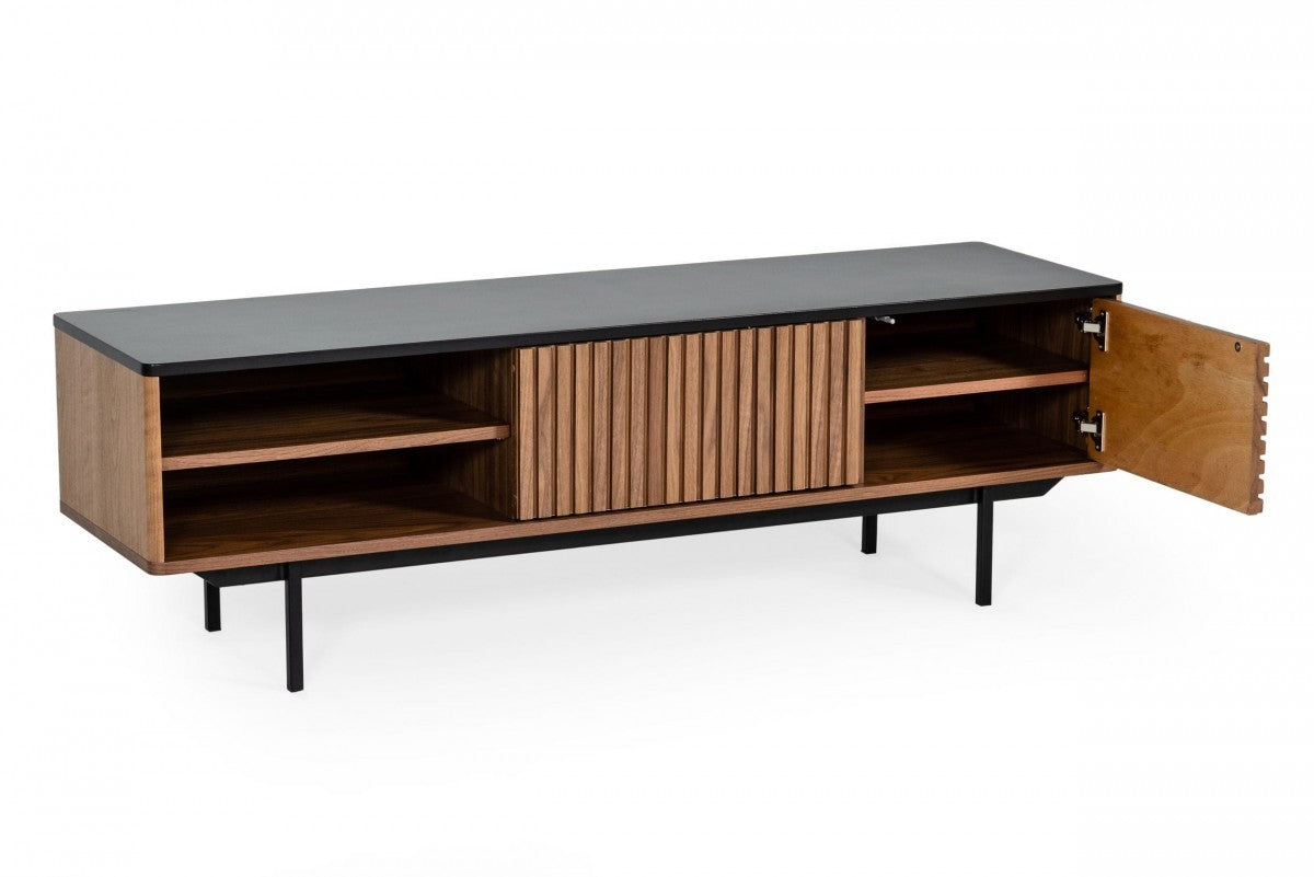 63" Walnut And Gray Wood Open And Enclosed Storage TV Stand-TV Stands-DECOROLALA
