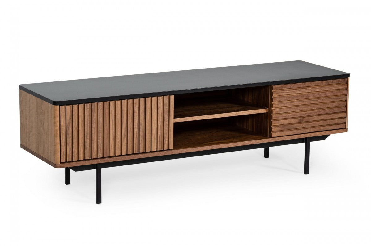 63" Walnut And Gray Wood Open And Enclosed Storage TV Stand-TV Stands-DECOROLALA