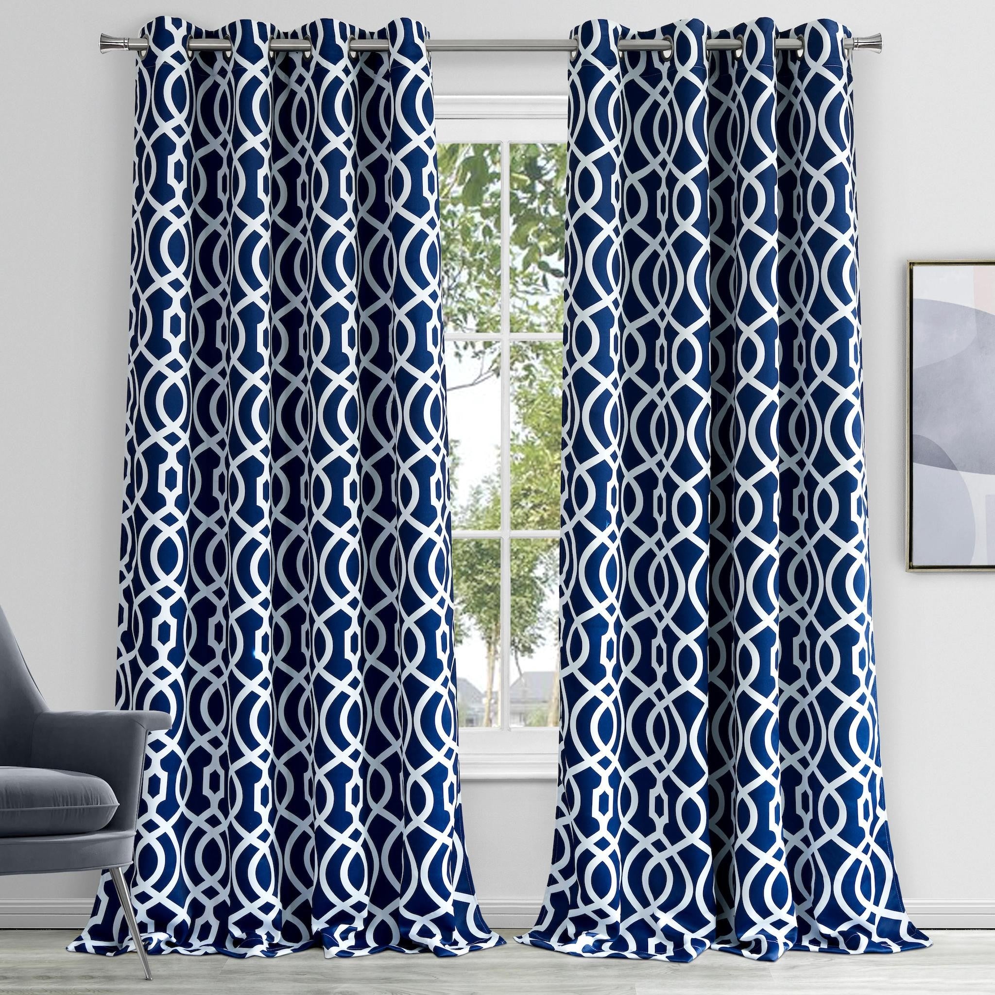84" Navy Blue Trellis Black Out Window Curtain Panel-Curtains and Drapes-DECOROLALA