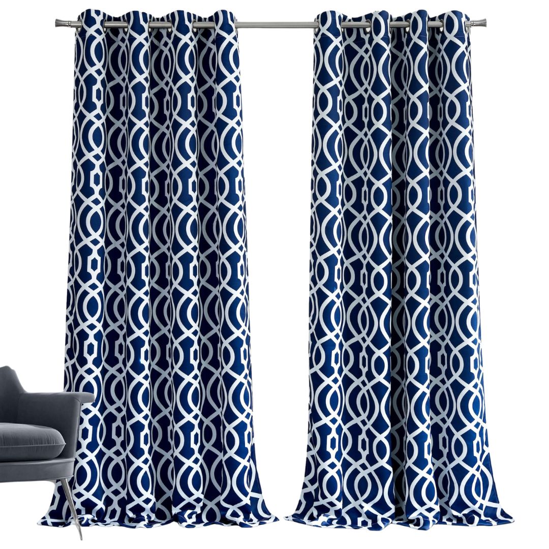 84" Navy Blue Trellis Black Out Window Curtain Panel-Curtains and Drapes-DECOROLALA