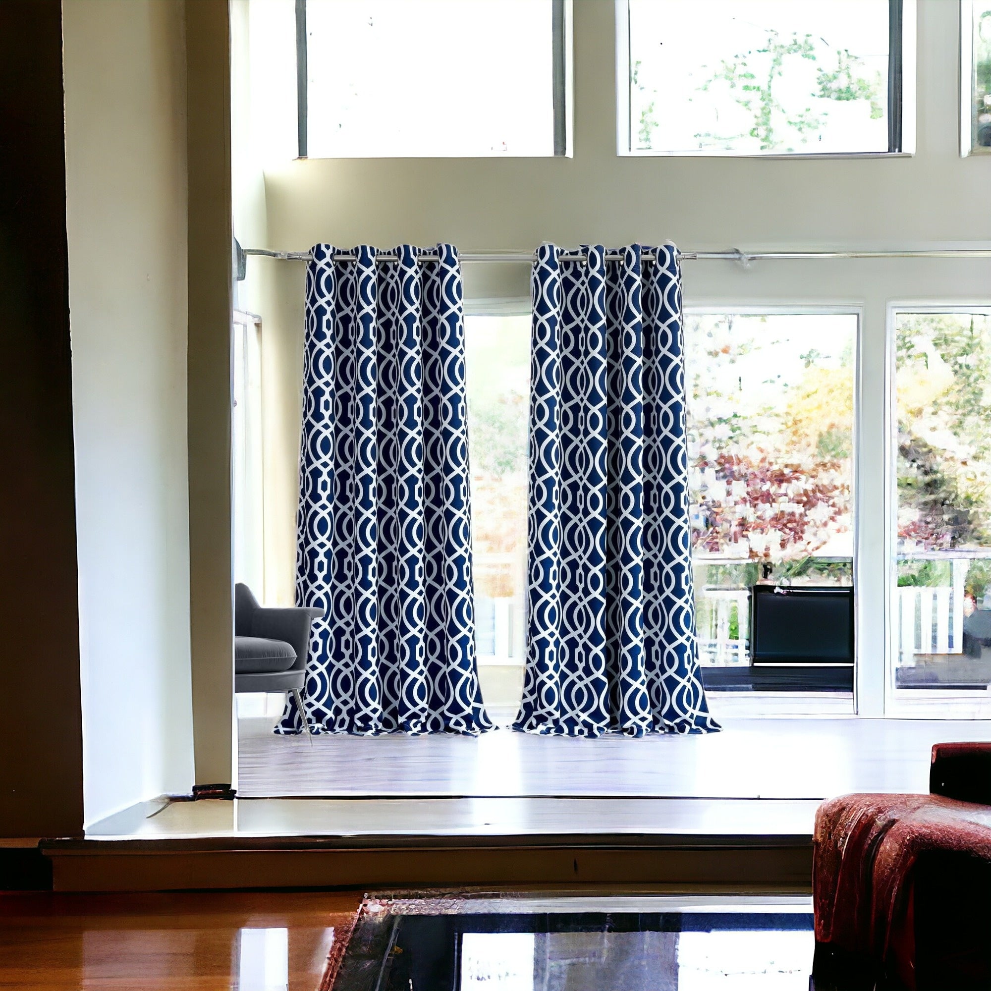 84" Navy Blue Trellis Black Out Window Curtain Panel-Curtains and Drapes-DECOROLALA