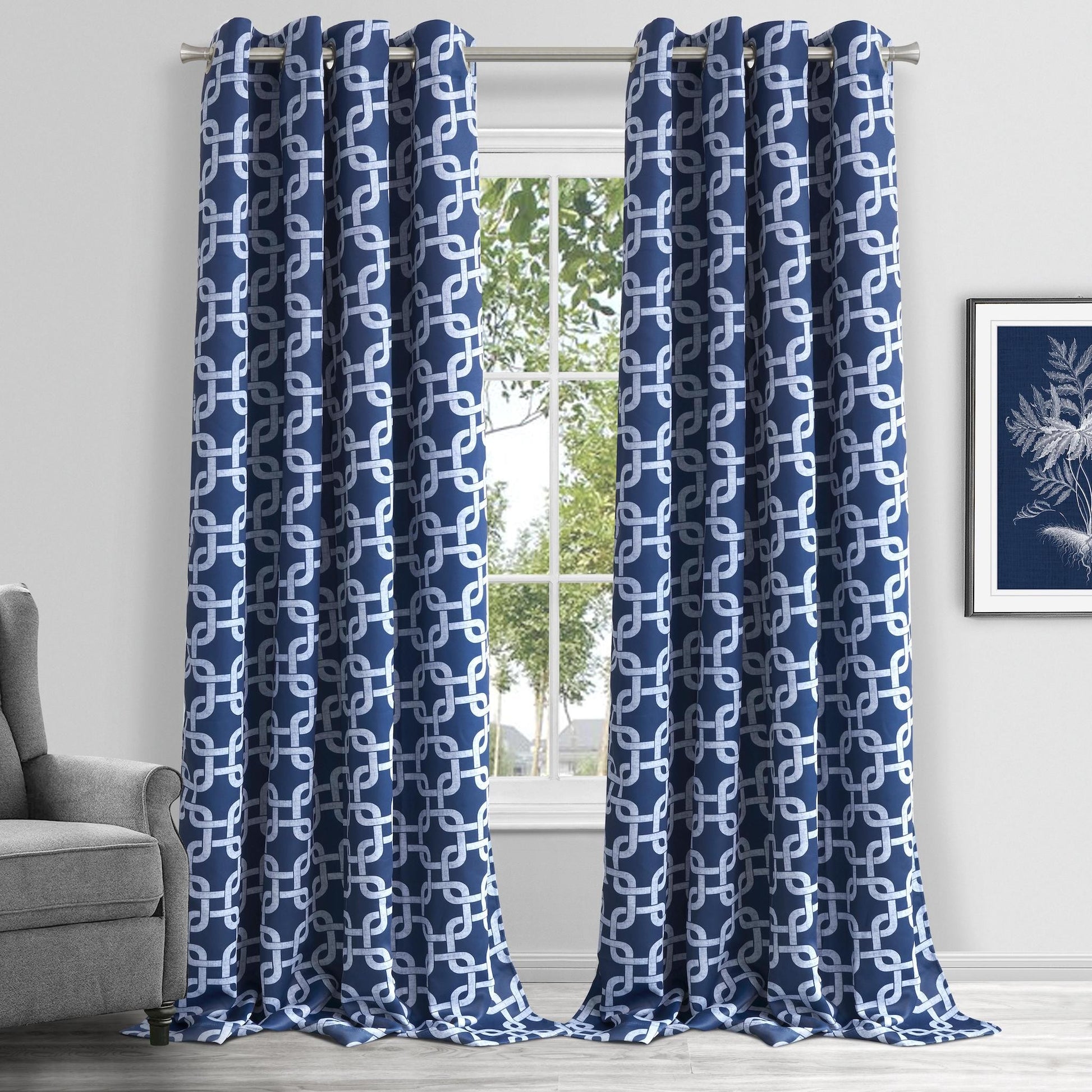 84” Navy Interlock Pattern Window Curtain Panel-Curtains and Drapes-DECOROLALA