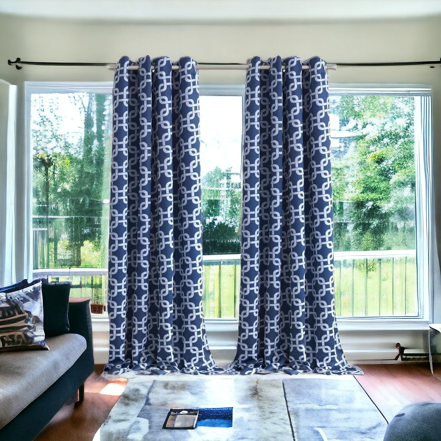 84” Navy Interlock Pattern Window Curtain Panel-Curtains and Drapes-DECOROLALA
