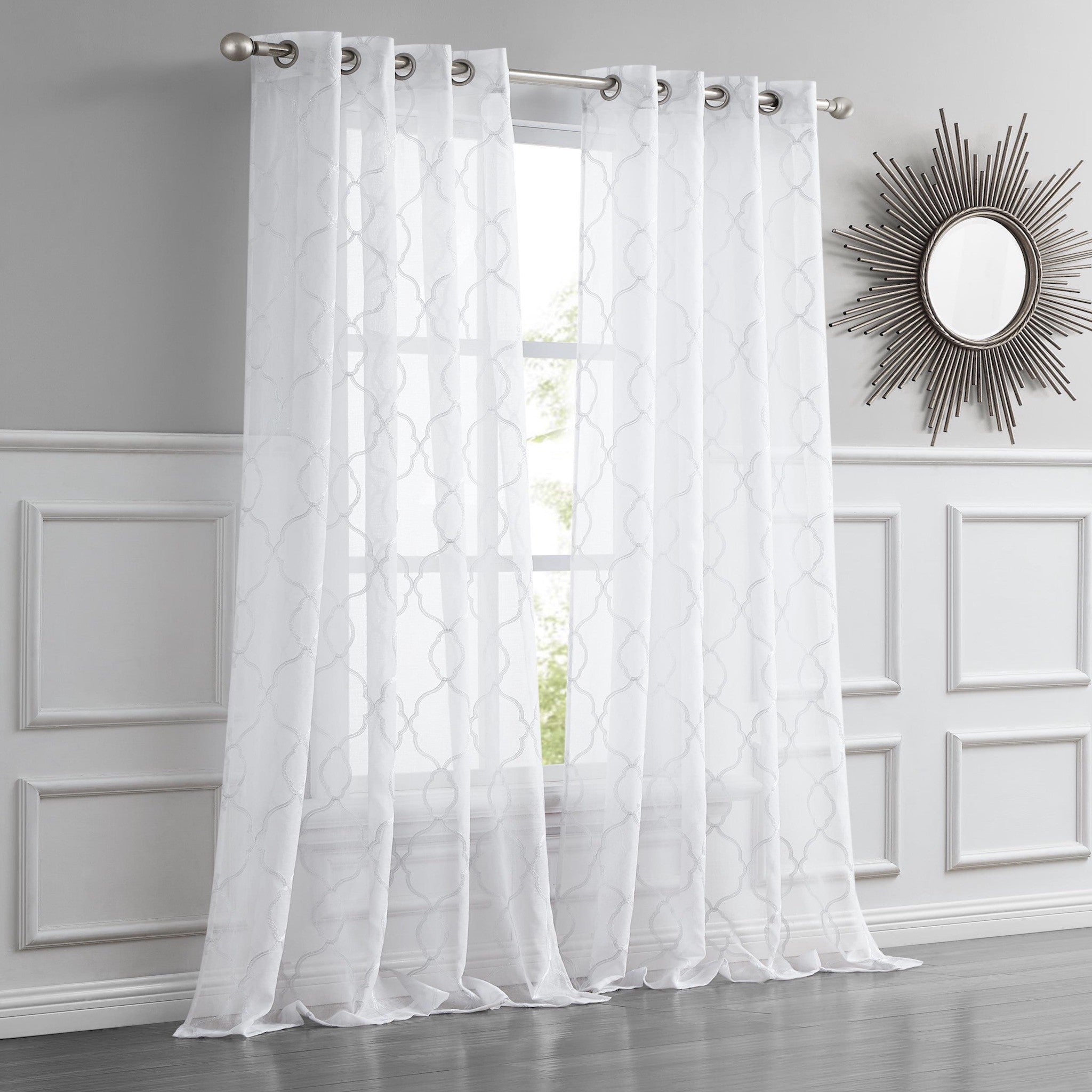 84” White Trellis Pattern Embroidered Window Curtain Panel-Curtains and Drapes-DECOROLALA