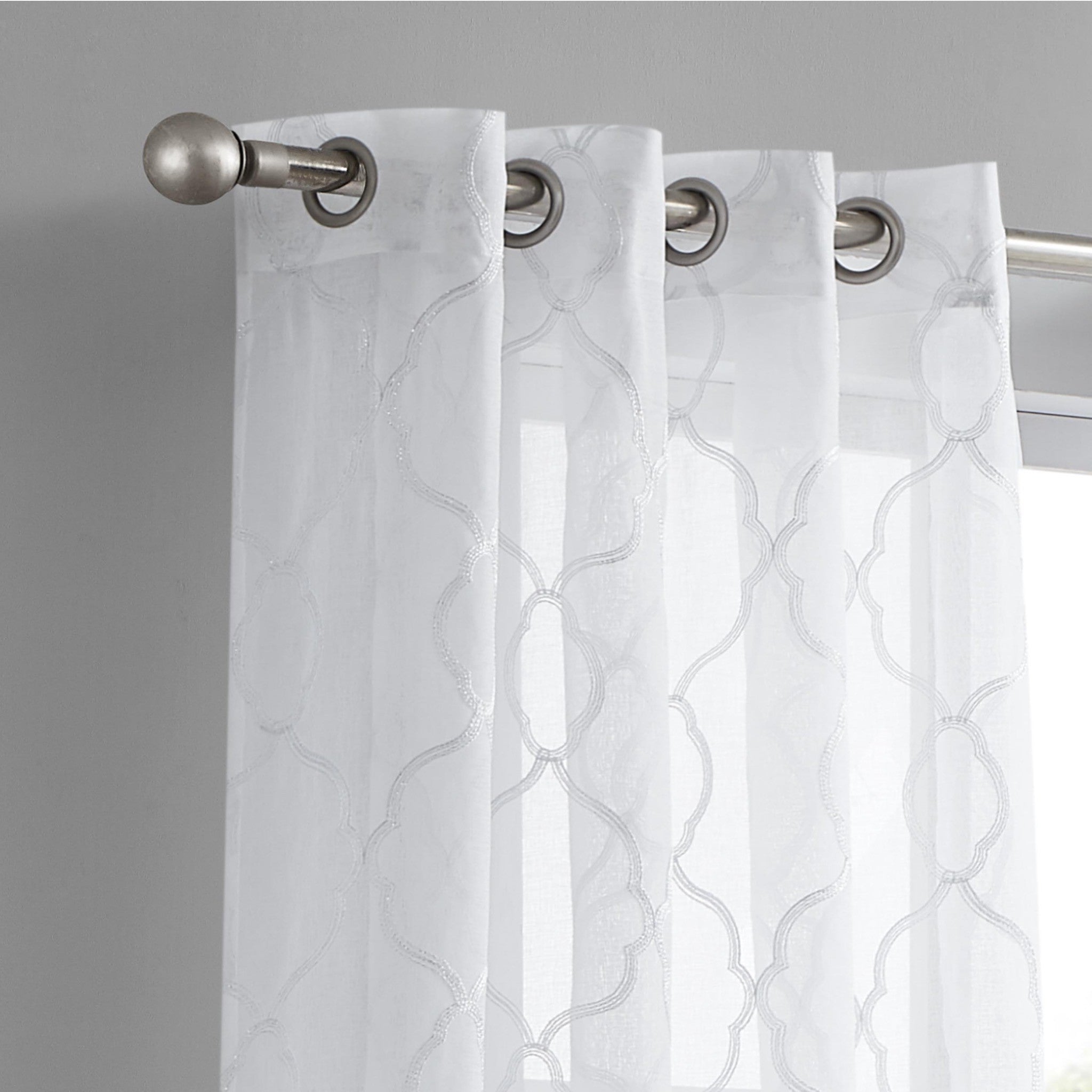 84” White Trellis Pattern Embroidered Window Curtain Panel-Curtains and Drapes-DECOROLALA