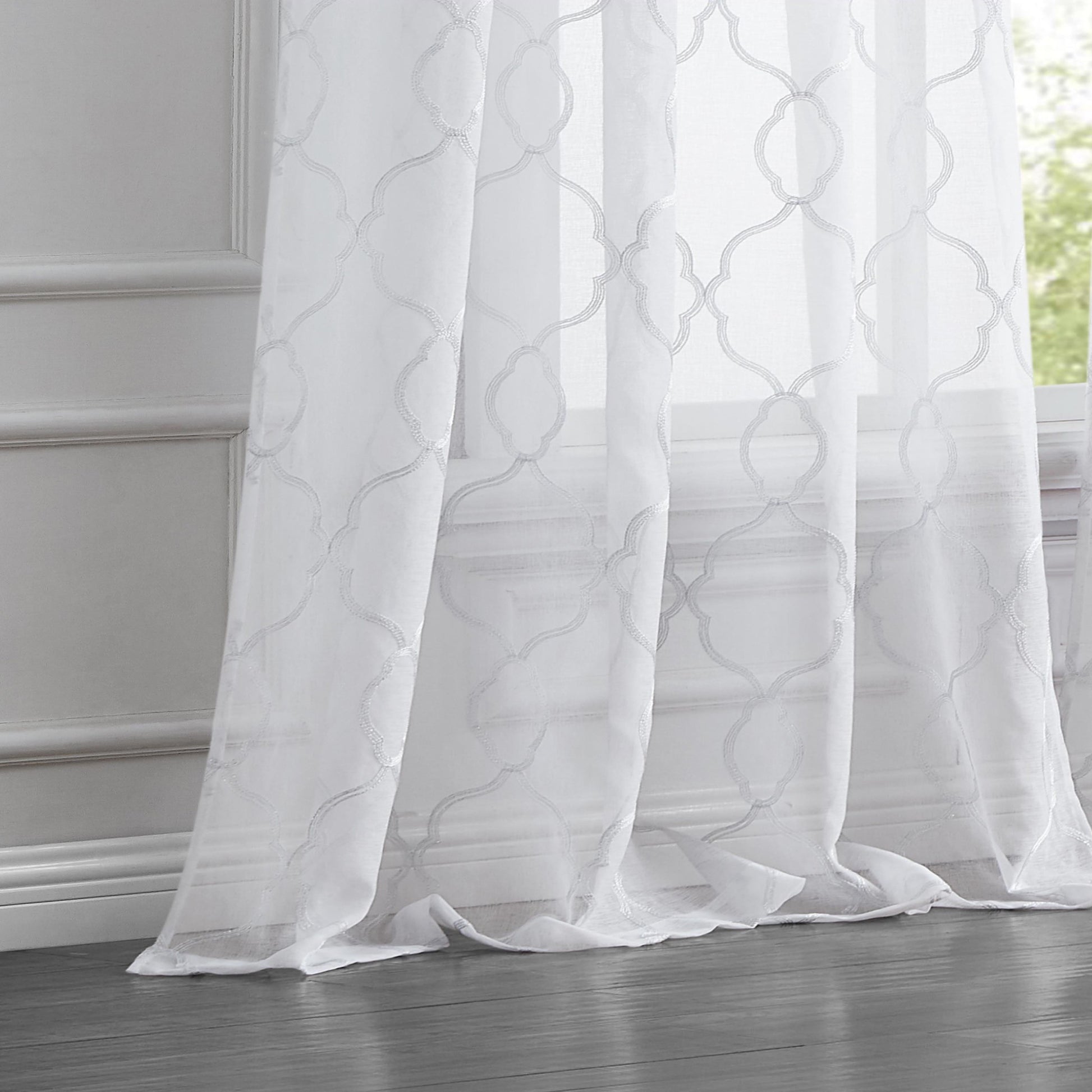 84” White Trellis Pattern Embroidered Window Curtain Panel-Curtains and Drapes-DECOROLALA