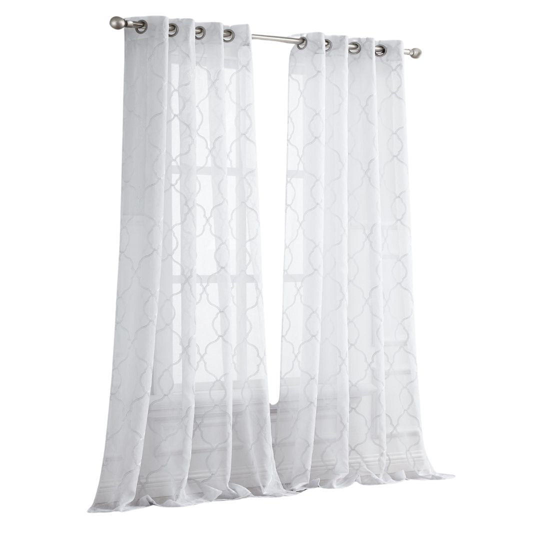 84” White Trellis Pattern Embroidered Window Curtain Panel-Curtains and Drapes-DECOROLALA