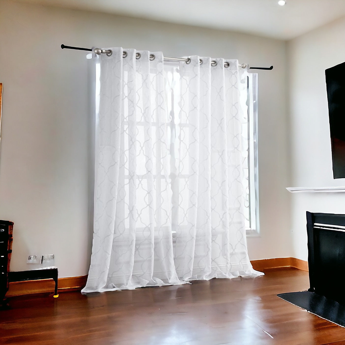 84” White Trellis Pattern Embroidered Window Curtain Panel-Curtains and Drapes-DECOROLALA