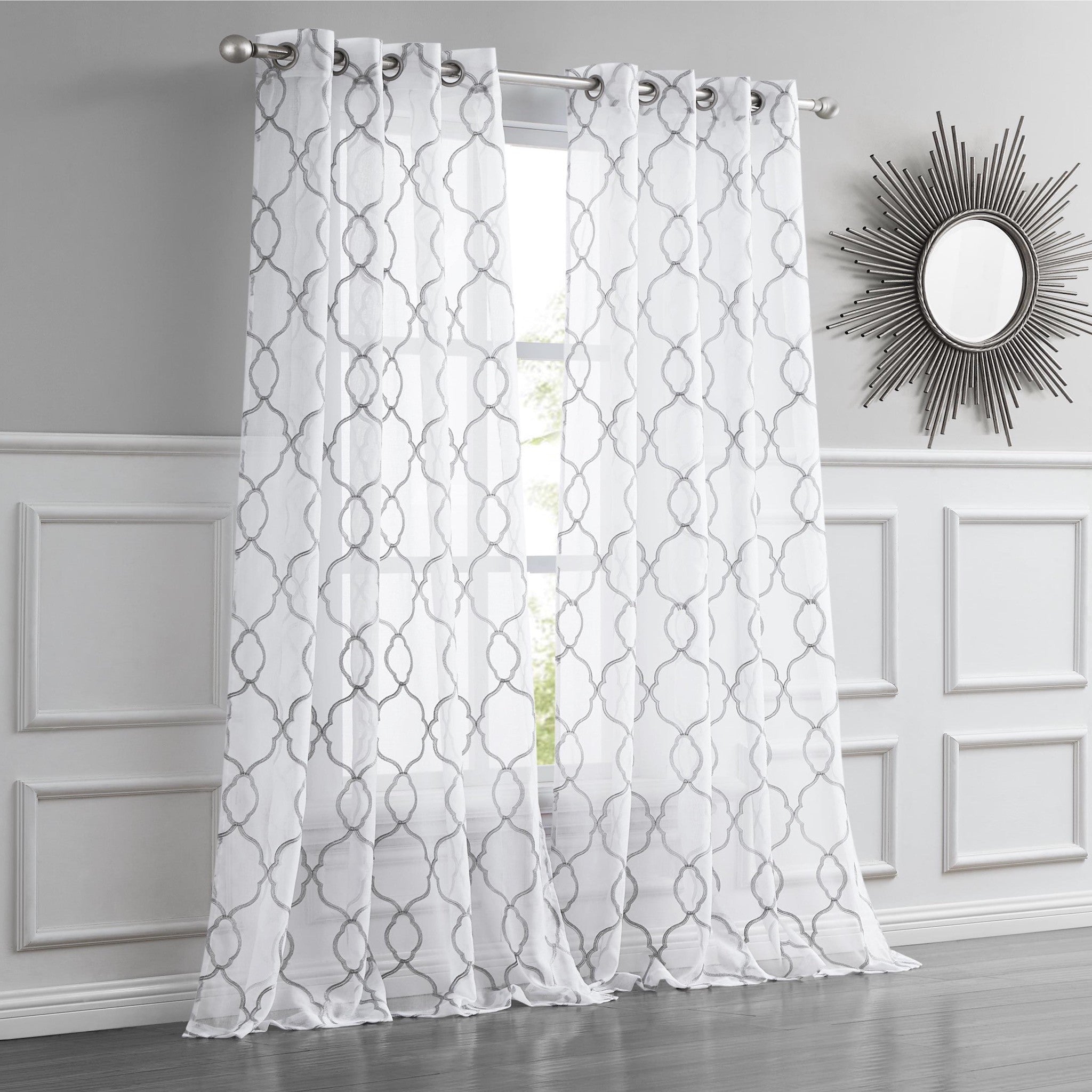 84” Silver Trellis Pattern Embroidered Window Curtain Panel-Curtains and Drapes-DECOROLALA
